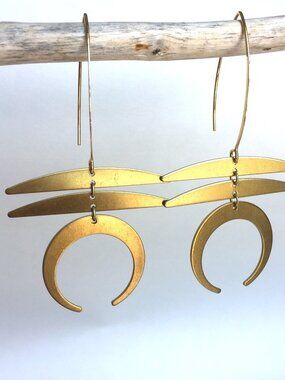 Long hook Gold Crescent Moon Sculpture Earrings